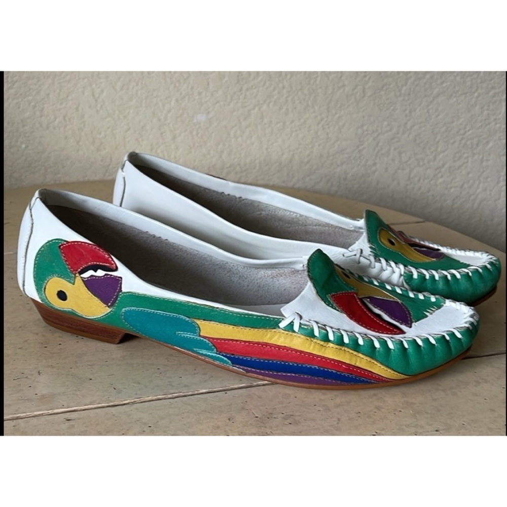 🦜Vintage Hokus Pokus Tucan Parrot White Leather Loafers Shoes Flats 9 M BRAZIL